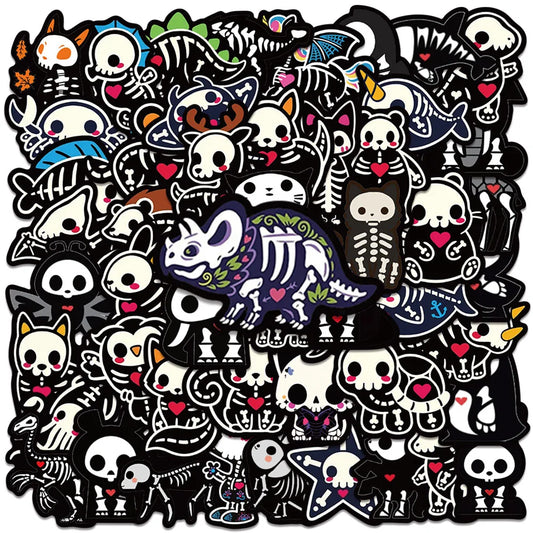 50pcs Black White Cartoon Animals Skeleton Skull Stickers Cute Horror Water Bottle Sticker Luggage Laptop Guitar Vinyl Decals