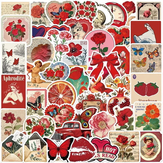 Vintage Red PVC Stickers Set - DIY Scrapbooking Supplies