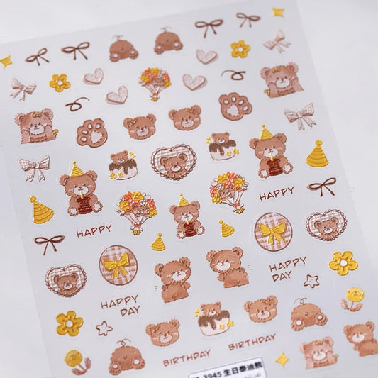 Bear Cake Heart Nail Art Stickers 5D Manicure Decals