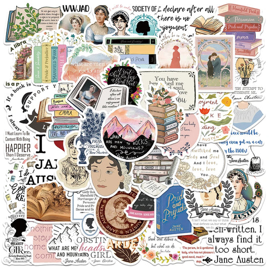 Jane Austen Book Cartoon Stickers 50PCS Skateboard Notebook Fridge Phone Bike Luggage Decals