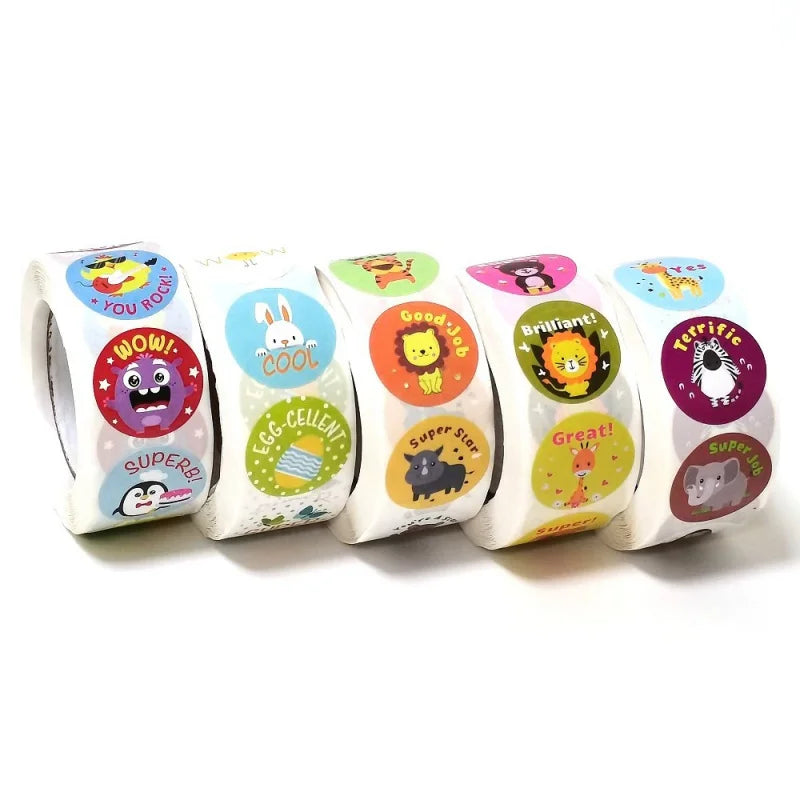 500 Pcs/Roll English Cartoon Animal Stickers Teacher Reward Students Stickers Self-adhesive Stationery Stickers