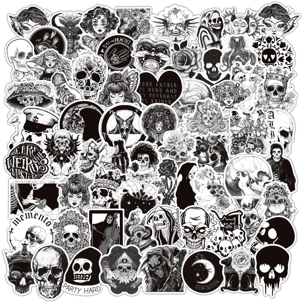 10/30/50/100pcs Cool Black White Punk Horror Gothic Graffiti Sticker Packs