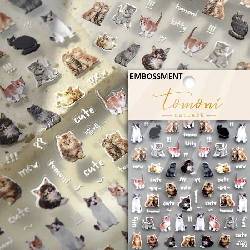 Cat Face Nail Art Stickers - Embossed Kitty Design