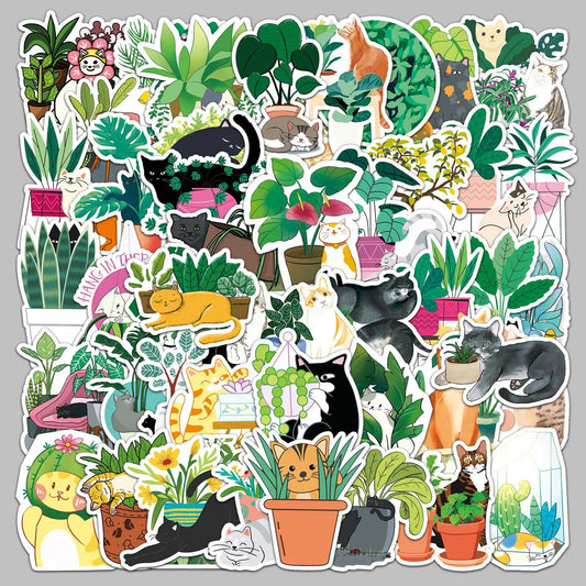 50pcs Cute Cat & Plant Cartoon Stickers for Helmet, Wall, DIY Decoration