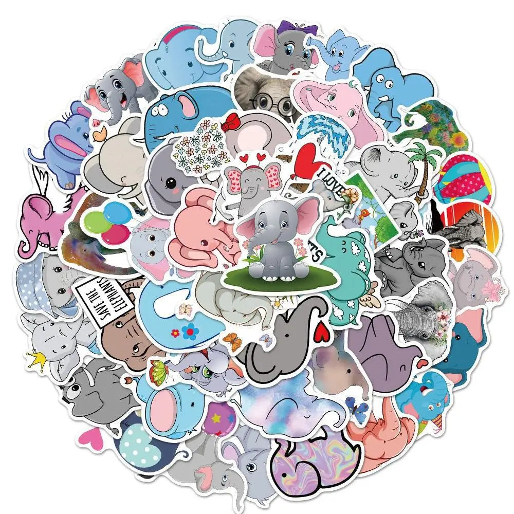 Cute Elephant Cartoon Stickers for Laptop, Motorcycle, Luggage, Snowboard, Fridge (10/30/50 Pcs)