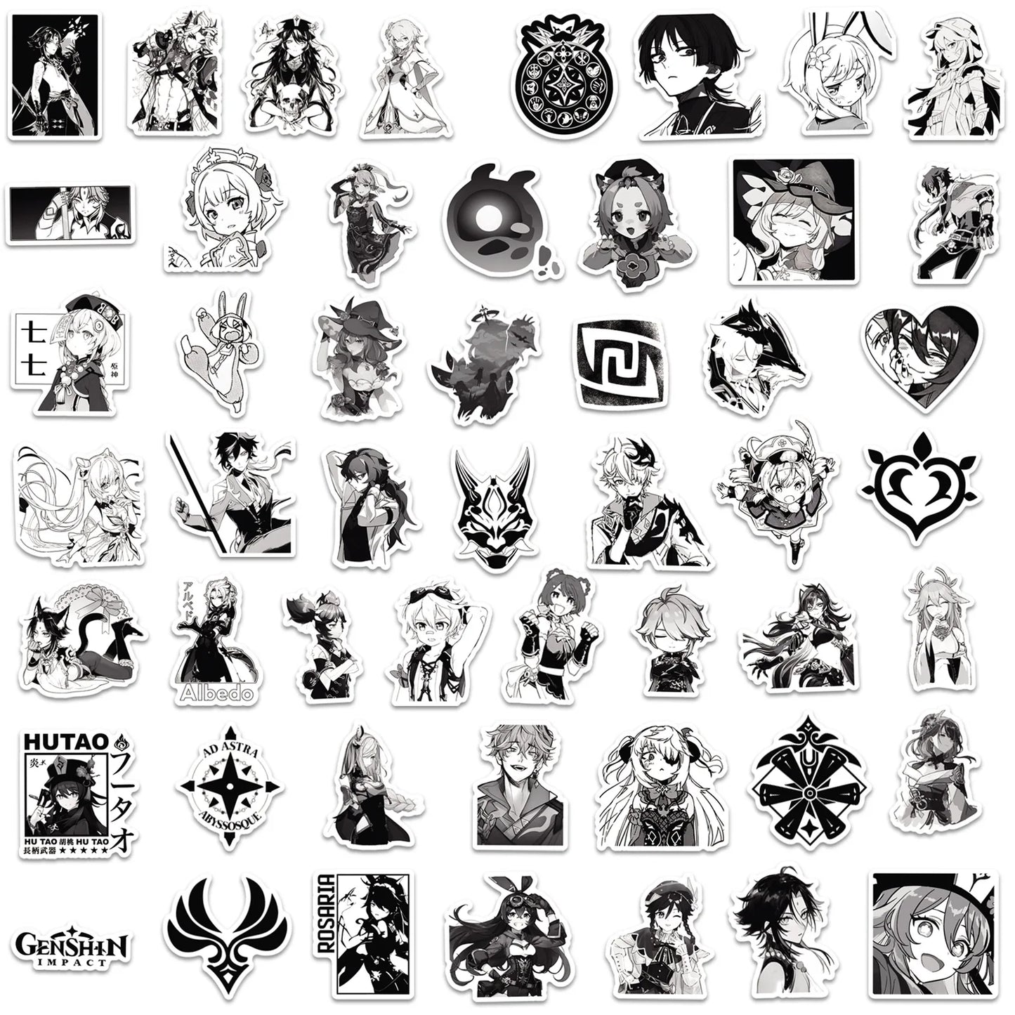 10/30/50PCS Genshin Impact Black White Anime Stickers Funny Game Graffiti Toys DIY Laptop Phone Bike Guitar Car Decals Kids Toy