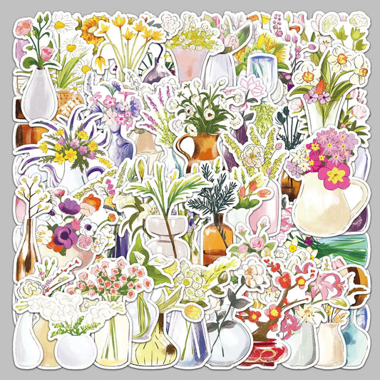 50pcs Cute Cartoon Vase Stickers for Helmet, Desktop, Wall Decoration
