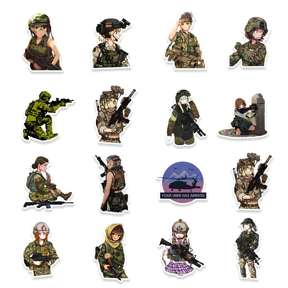 10/30/50pcs Anime Camouflage Female Military Uniform Girls Stickers Laptop Motorcycle Skateboard Phone Wall Sticker Kids Toys