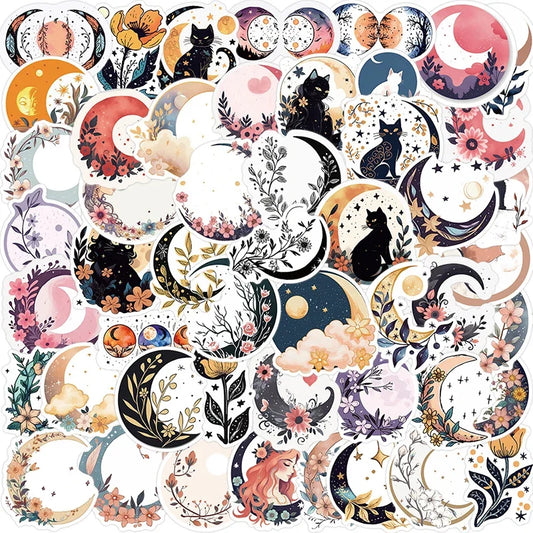 Moon Flower Cat Stickers: Aesthetic DIY Scrapbooking Set