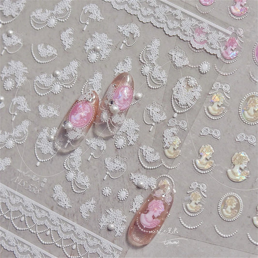 Romantic Lace Pearl Bow Nail Art Stickers Decals