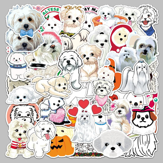 50pcs Cute Maltese Dog Cartoon Stickers for Helmet, Wall, DIY Decoration