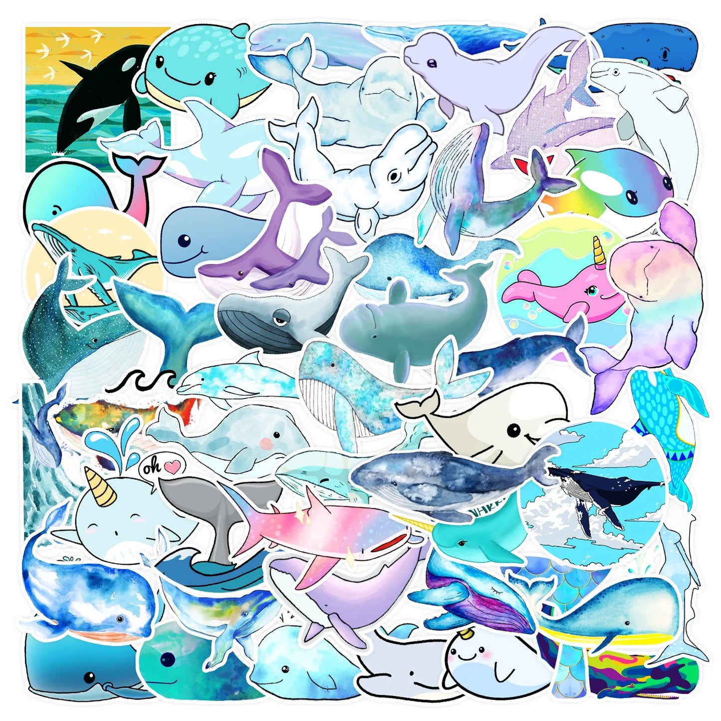 50pcs Cute Whale Cartoon Stickers for Helmet, Wall, DIY Decoration