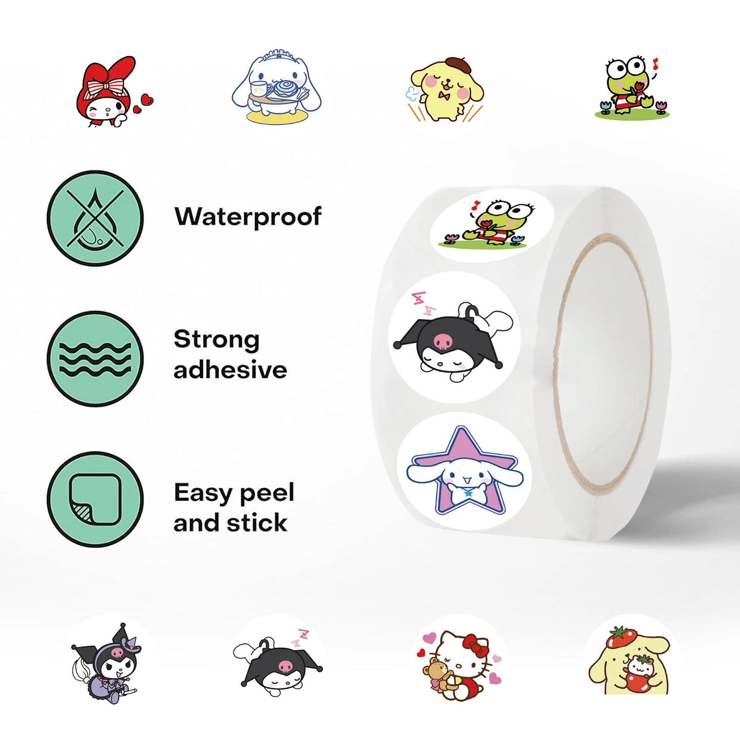 500Pcs/roll Funny Round Sticker Kawaii Kuromi Cinnamoroll Cartoon Stickers For Kids Reward Gifts Decoration Encourage Decal Toys