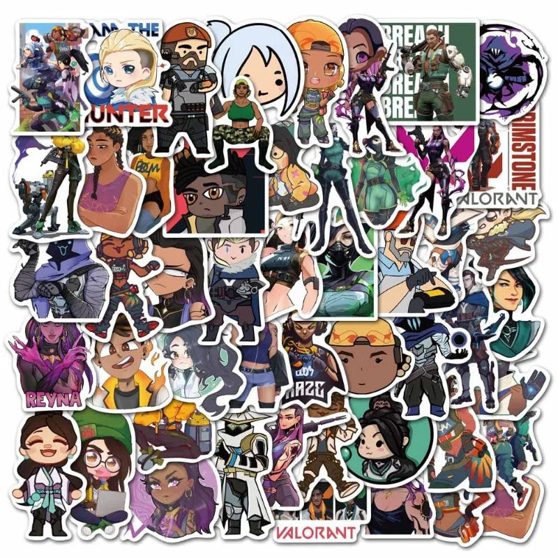 50pcs VALORANT Sticker Pack for Luggage, Water Bottles, Phones, Laptops, Cars, Scooters, Fridges