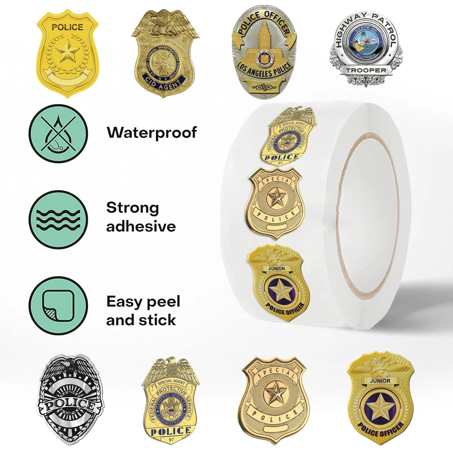 500pcs Police Badge Stickers for Children Kids Rolling Reward Roll Stickers Small Packaging Pack Stickers Photocard Decor Lables