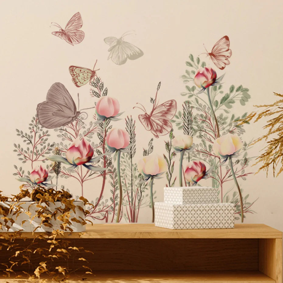 Butterfly Wall Stickers for Kids Nursery - Pink Flowers & Green Leaves Decor