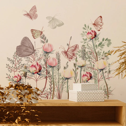 Butterfly Wall Stickers for Kids Nursery - Pink Flowers & Green Leaves Decor
