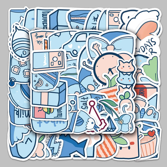 50Pcs Cartoon Blue Graffiti Stickers for Helmet, Wall, DIY Decoration