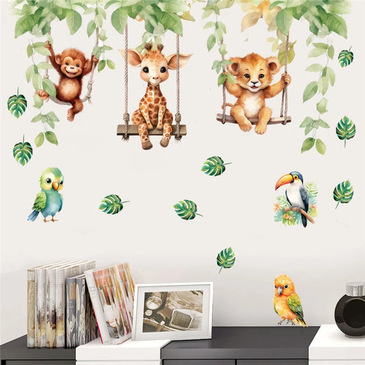 Funny Animal Wall Stickers: Bird, Monkey, Giraffe, Lion Mural Art Decals for Kids Room