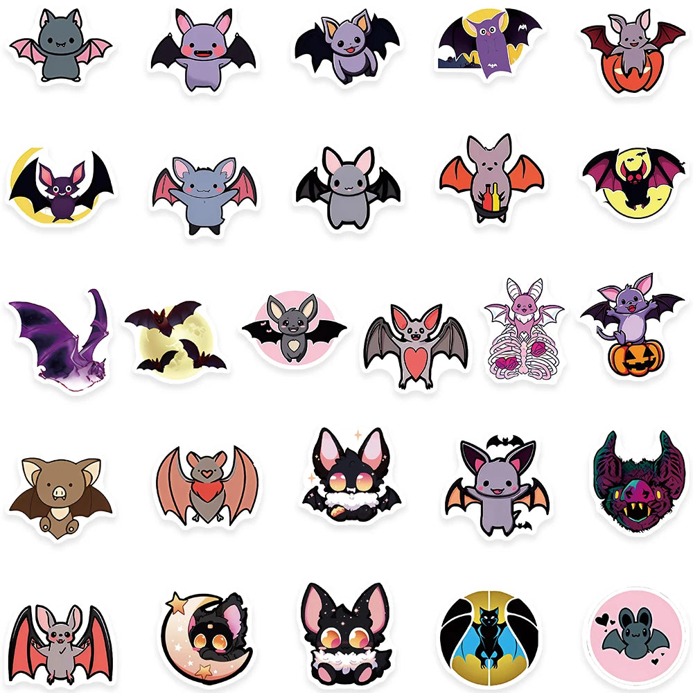 50pcs Cute Cartoon Bats Animal Graffiti Stickers For Laptop Phone Guitar Luggage Bicycle Car Waterproof Vinyl Decals