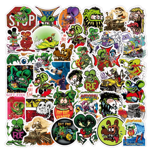 50pcs Rat Fink Cartoon Stickers for Laptop, Phone, Scooter, Suitcase, Water Bottle, Stationery, Refrigerator