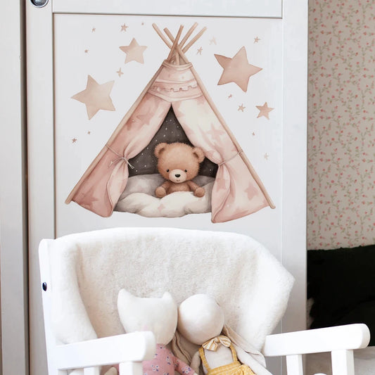 Boho Pink Teddy Bear Stars Tent Wall Stickers for Kids Room Nursery Decor