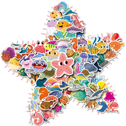 Marine Animal Stickers Pack - Cute Cartoon Decals for Luggage, Laptop, Phone, Car, Bike, Skateboard