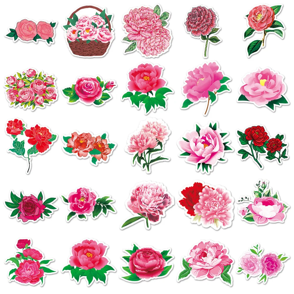 10/50Pcs Peony Stickers Cartoon Stickers Graffiti Decals Waterproof Motorcycle Luggage Guitar Skateboard Kid Gift Sticker