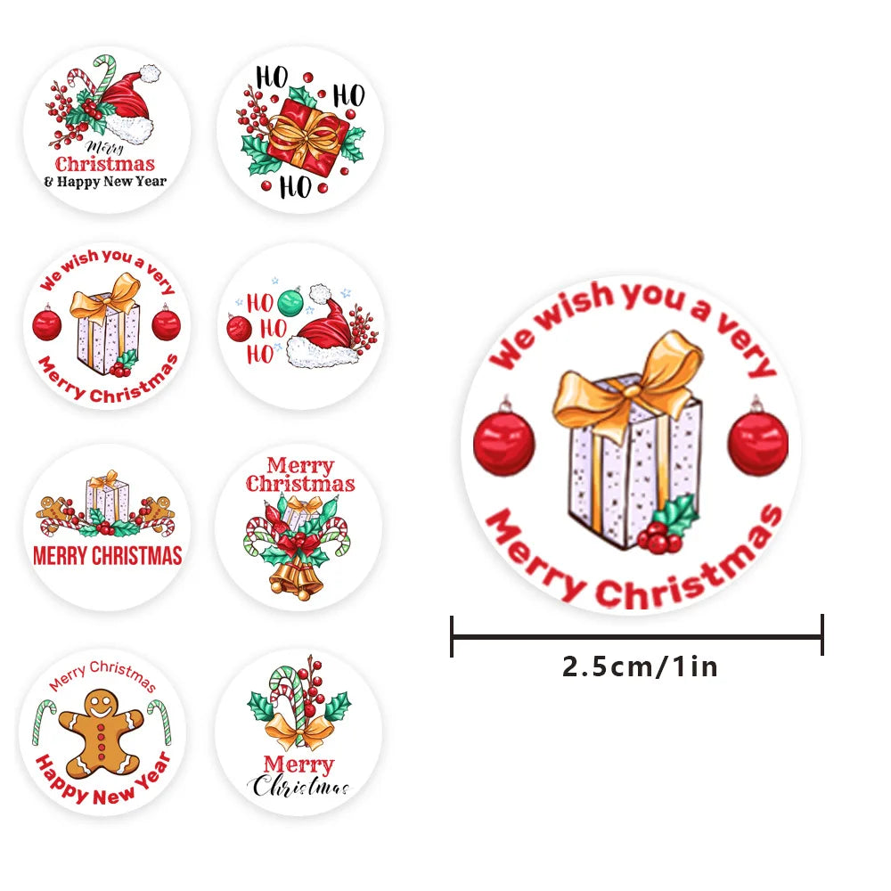 100-500pcs Merry Christmas Sticker , Round Adhesive Decoration Sticker for Cards Envelope Seal Xmas Gift Wraps Box Bags