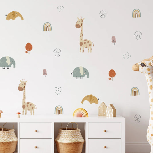 Cartoon Giraffe Elephant Wall Sticker Rainbow Tree Decals Nursery Removable Vinyl Kids Room Decor