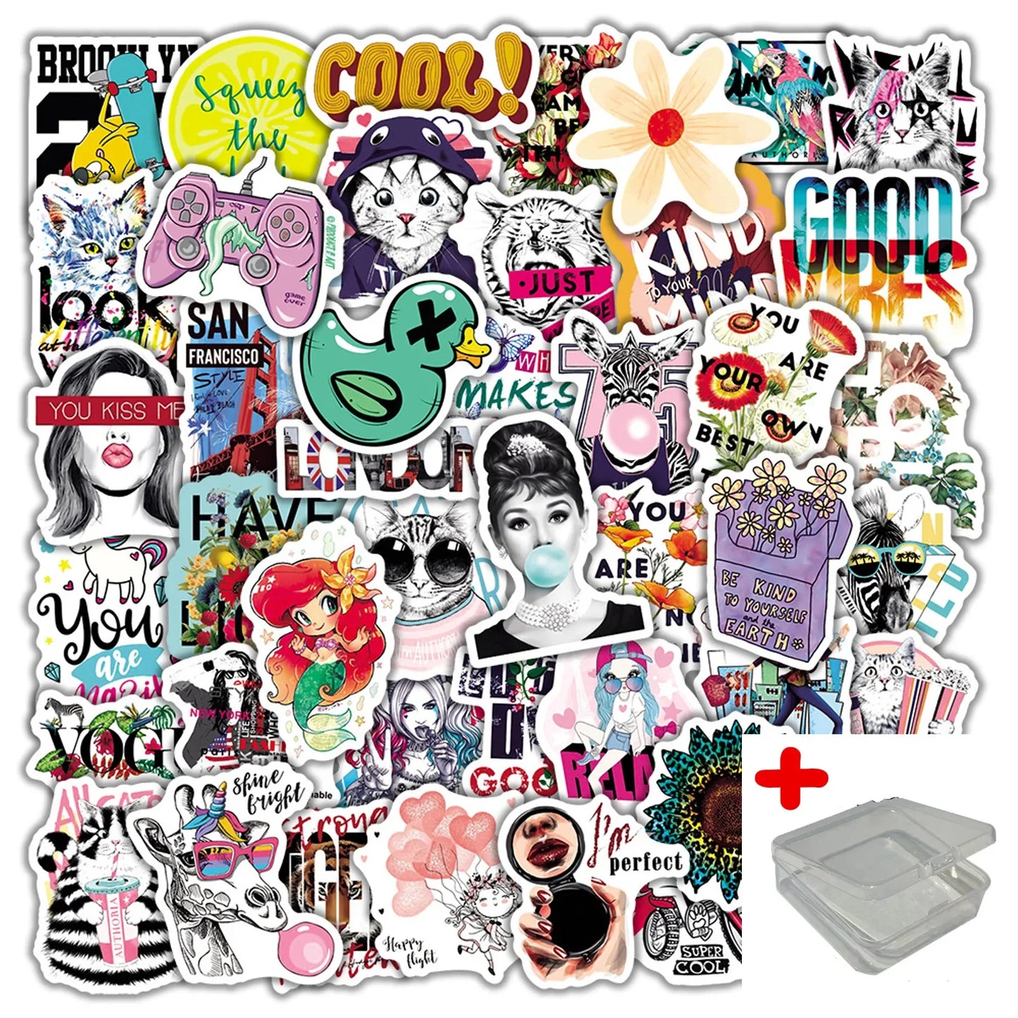 50pcs Cartoon Graffiti Stickers for Wall & Desktop Decoration with Storage Box