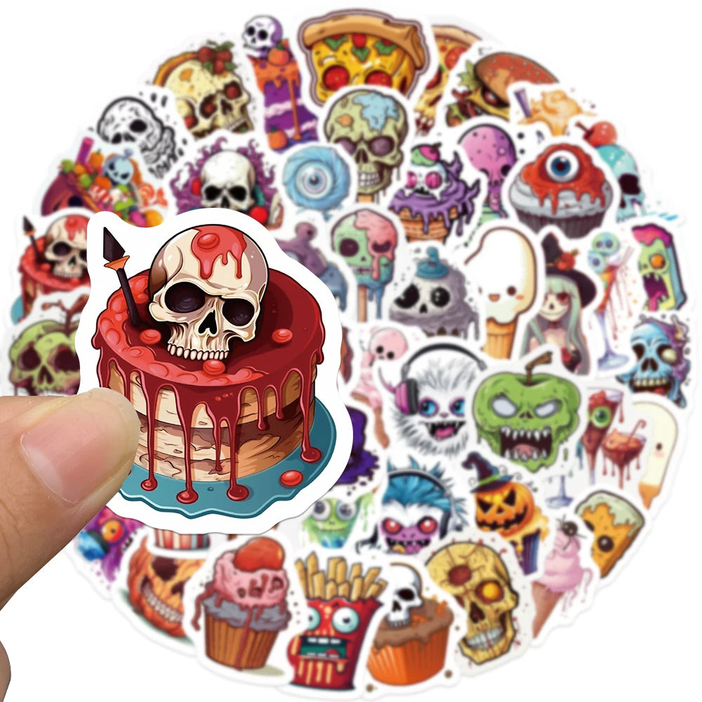 50PCS Halloween Horror Colorful Food Graffiti Sticker Waterproof PVC Art DIY Luggage Refrigerator Stationery Guitar Phone