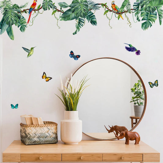 Green Leaves Butterfly Watercolor Tropical Wall Decal Stickers