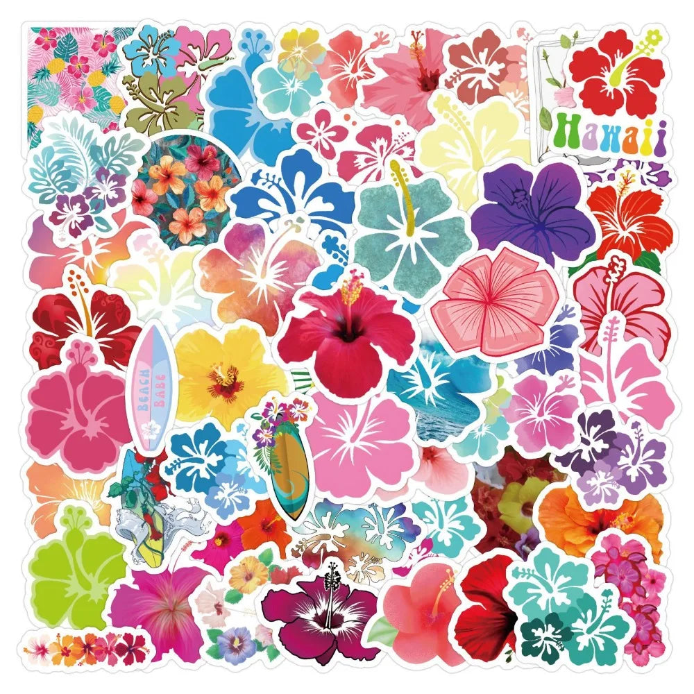 10/60pcs Vivid Hibiscus Flowers Cartoon Little Fresh Style Stickers Graffiti Decals for Laptop Guitar Suitcase Skateboard Kids