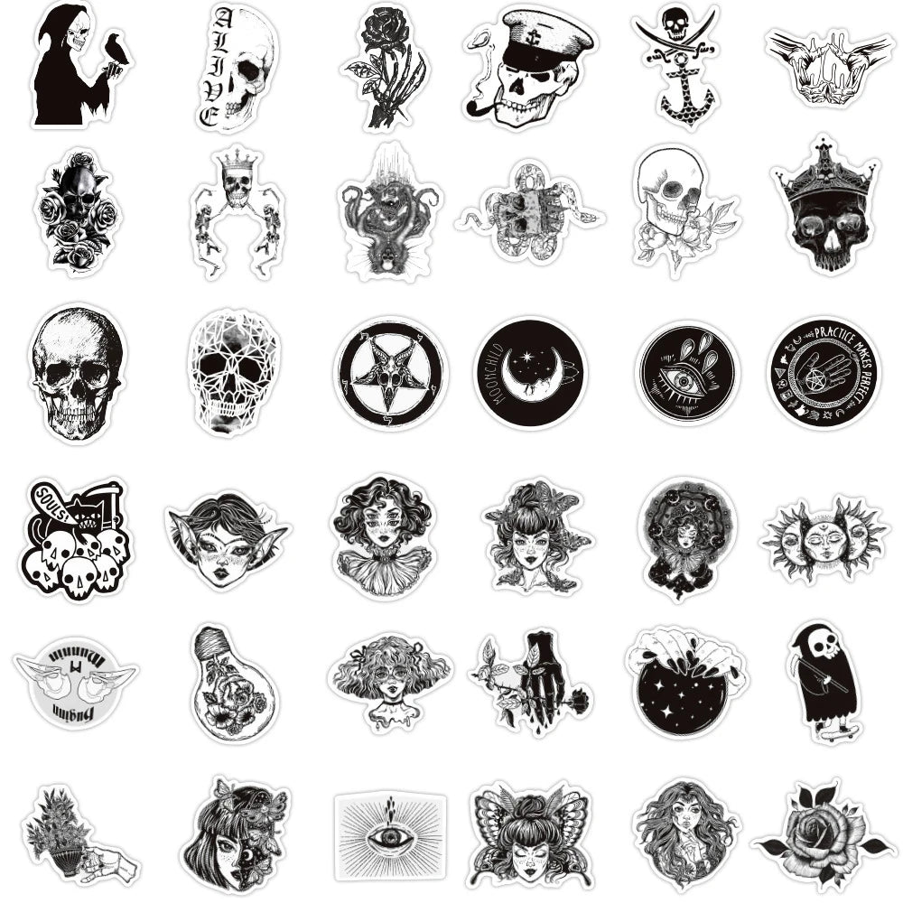 10/30/50/100pcs Cool Black White Punk Horror Gothic Graffiti Sticker Packs