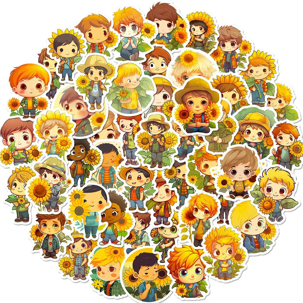 Cartoon Sunflower Boy Stickers - 10/30/50pcs for Laptop, Scrapbook, Suitcase, Guitar Decoration