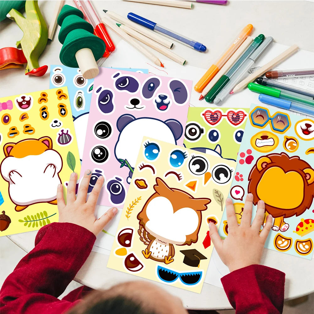 6/12Sheets Animal Make A Face Puzzle Stickers Kids Lion Owl Panda Make Your Own DIY Game Children Cartoon Jigsaw Education Toys