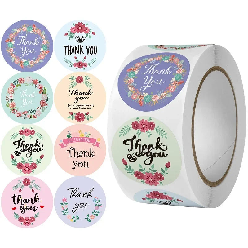 100-500PCS seals stickers Thank You Stickers for Business New Small Merci Roll Sticker Packaging Sticker Flower Rolling Label