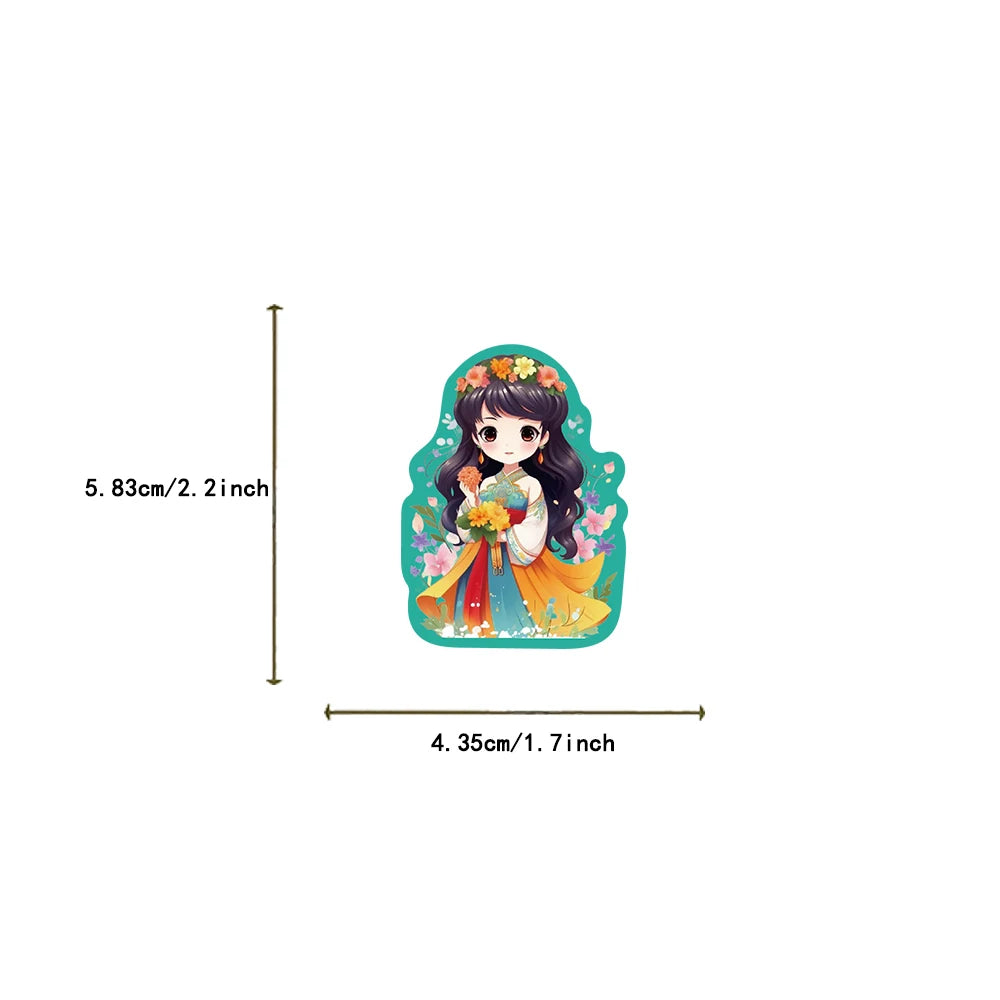 50Pcs Q Version Chinese Ancient Costume Flower Princess Girl Sticker for Kids Toy Decoration Guitar Luggage DIY Waterproof Decal