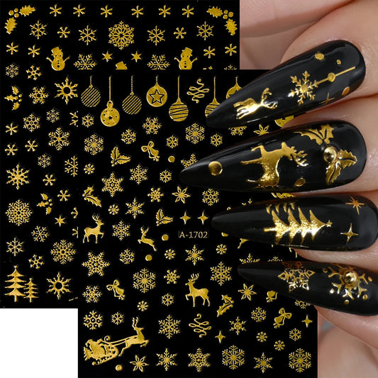Gold Glitter Snowflake Nail Stickers Xmas New Year Decor
