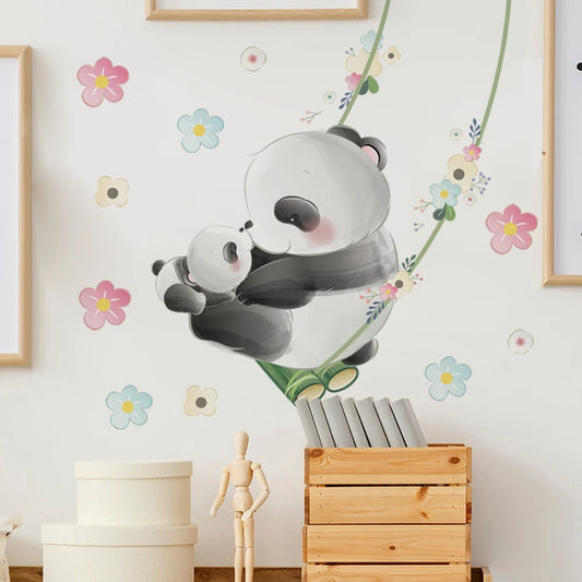 Watercolor Panda Swing Flower Wall Stickers for Kids Rooms Nursery Decor