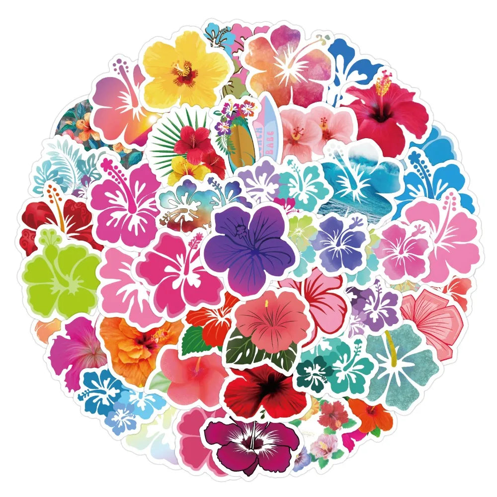 10/60pcs Vivid Hibiscus Flowers Cartoon Little Fresh Style Stickers Graffiti Decals for Laptop Guitar Suitcase Skateboard Kids