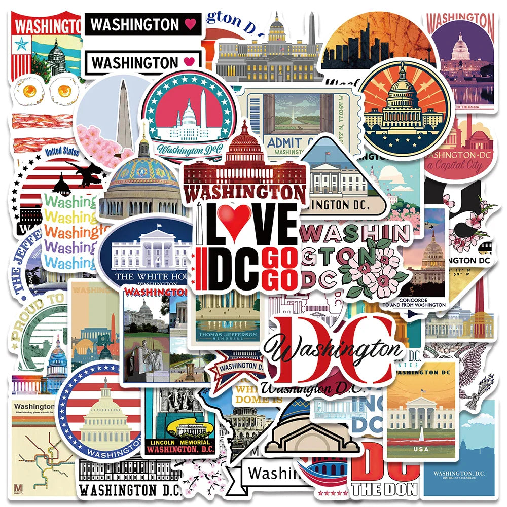 50PCS Washington DC Aesthetic Travel Stickers for Kids Car Bottle Laptop Motorcycle Fridge Decals