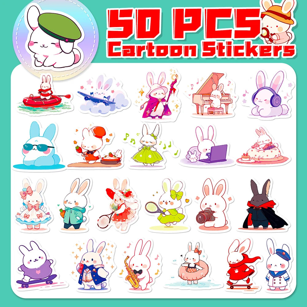 10/30/50PCS Kawaii Rabbit Stickers Cute Cartoon Decals Skateboard Phone Notebook Laptop Fridge Bike Funny Animal Sticker DIY Toy