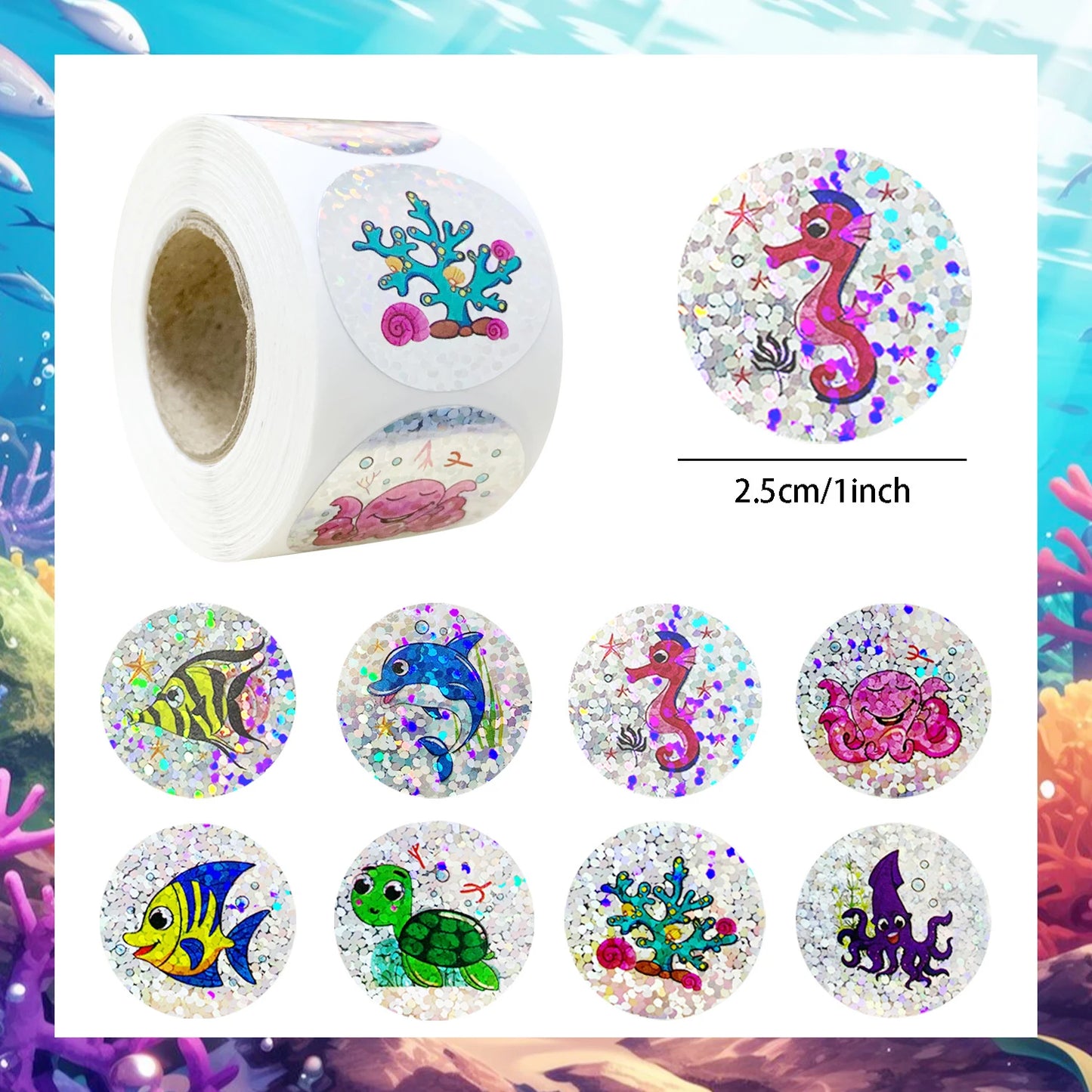 100-500pcs Rainbow Laser Sticker Marine Animals Stickers Cute School Office Stationery Supplies Gift Decoration Label