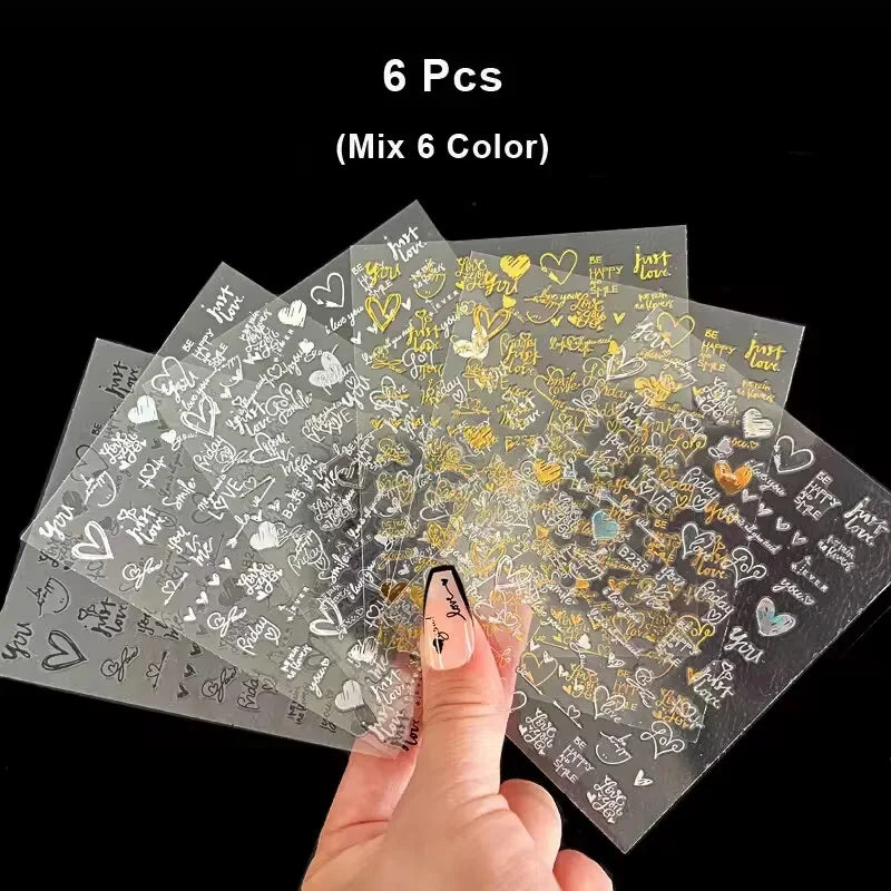 6Pcs Laser Gold Silver 3D Nail Art Stickers Heart Letter Nail Decoration DIY Foils