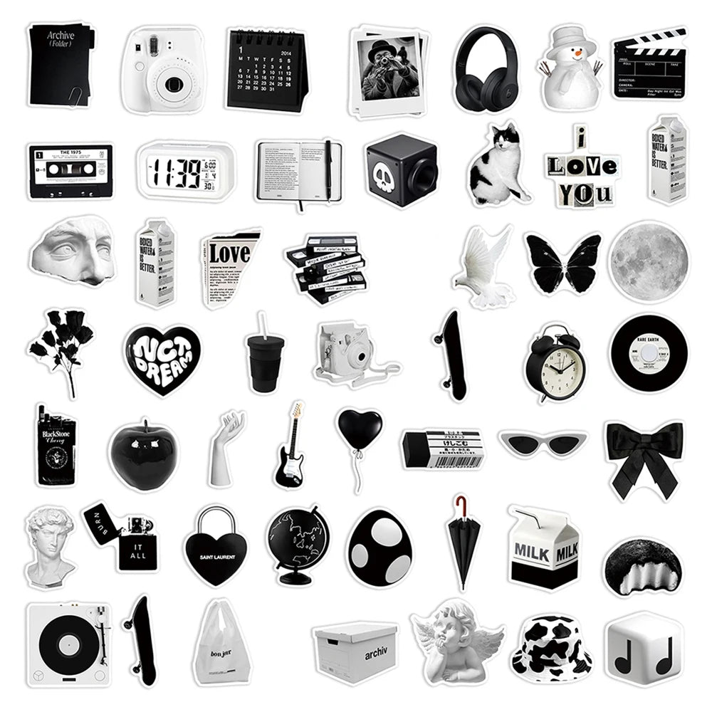 10/30/50PCS Ins Style Simple Black White Stickers Cute Decals DIY Phone Suitcase Luggage Fridge Helmet Graffiti Cartoon Sticker