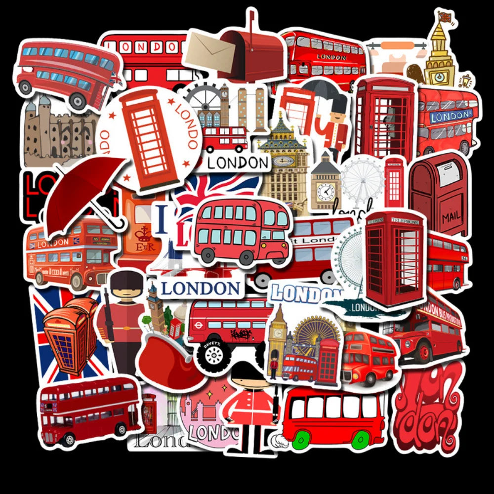 50Pcs/Lot Waterproof London Red Bus Telephone Booth PVC Stickers For Laptop Motorcycle Skateboard Luggage Decal Toy Sticker