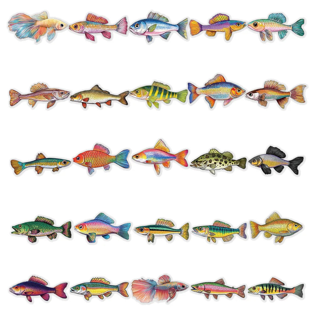 10/30/50PCS Fish Transparent Stickers Go Fishing Sticker Animal Cartoon Decals DIY Toy Scrapbook Luggage Laptop Guitar Car Bike