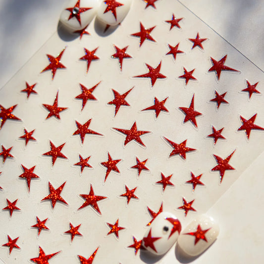 5D Red Silver Star Nail Art Stickers Rhinestone Decals